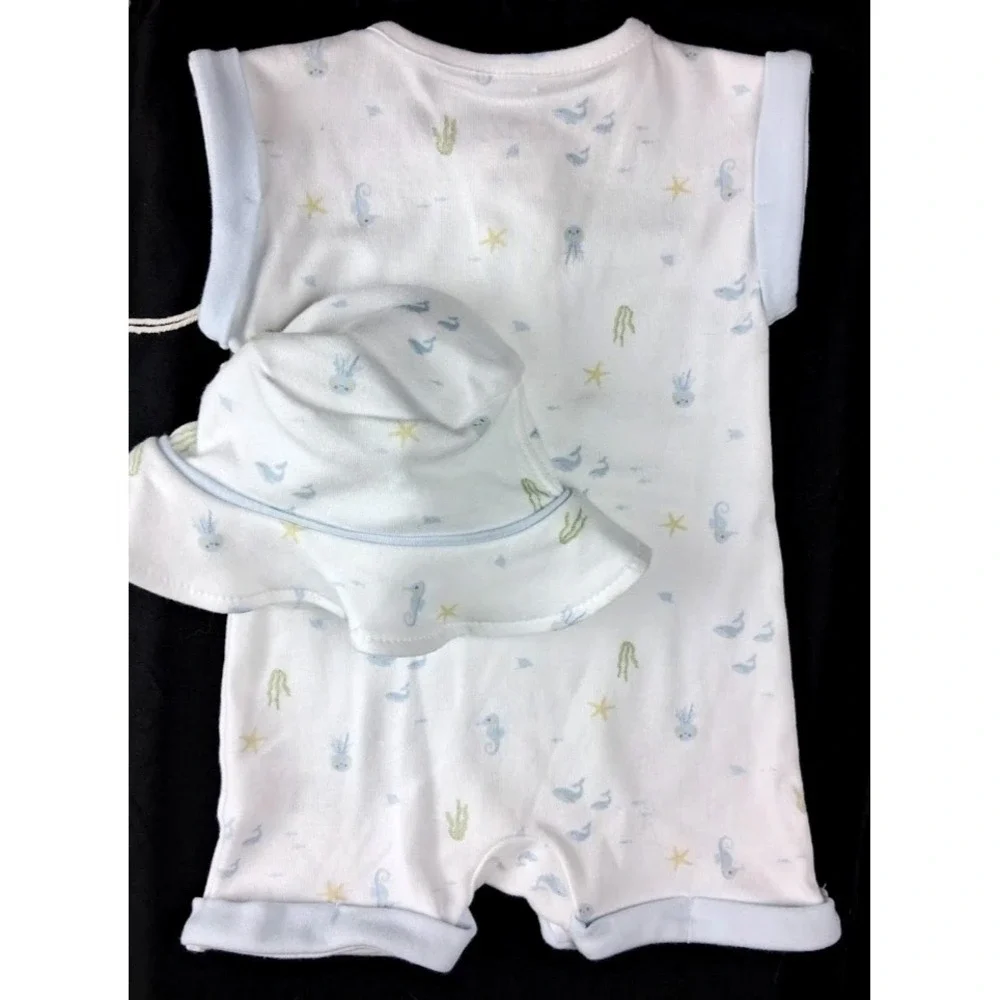 Luxe Threads Baby Boy 2pc Romper Outfit Ocean 6 9 Mos Pima Cotton Soft Hat NWT